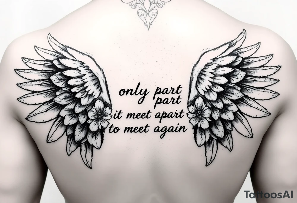cybersiglism angel wings, quote saying "we only part to meet again", moonflowers tattoo idea