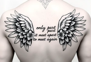 cybersiglism angel wings, quote saying "we only part to meet again", moonflowers tattoo idea