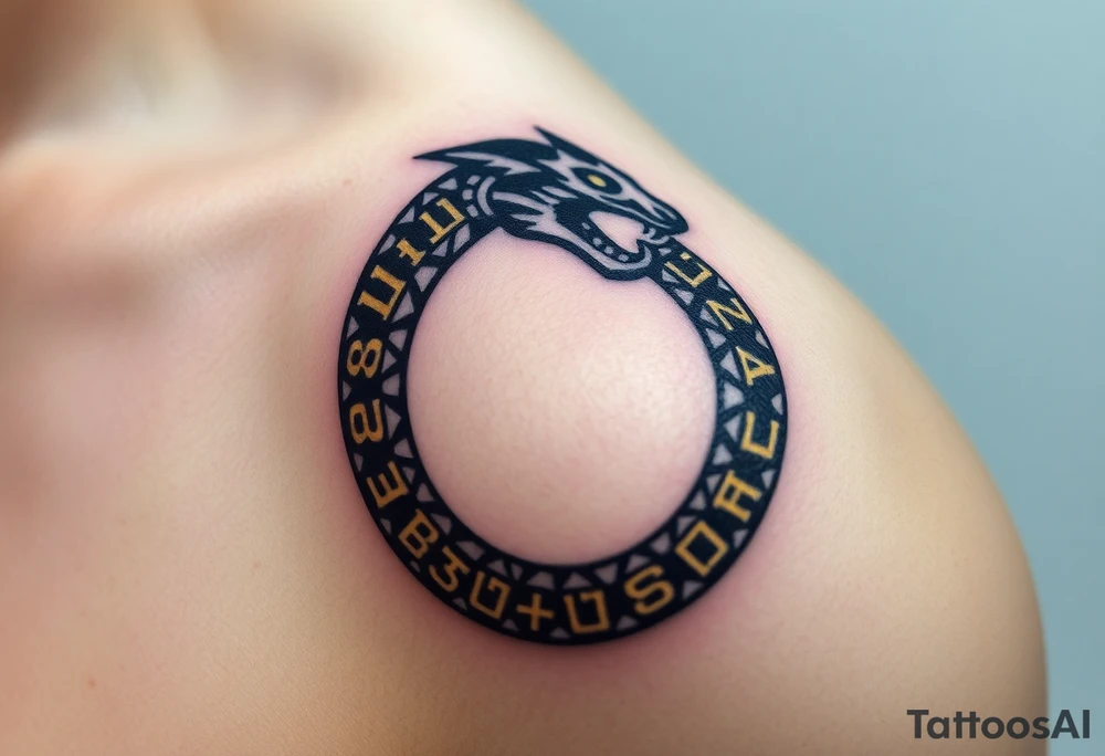 An obsidian black Ouroboros snake forming cyrcle with golden runes carved into its scales, creating a mystical, ancient feel. tattoo idea