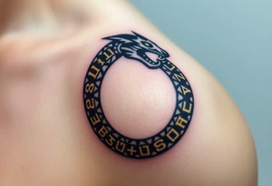 An obsidian black Ouroboros snake forming cyrcle with golden runes carved into its scales, creating a mystical, ancient feel. tattoo idea