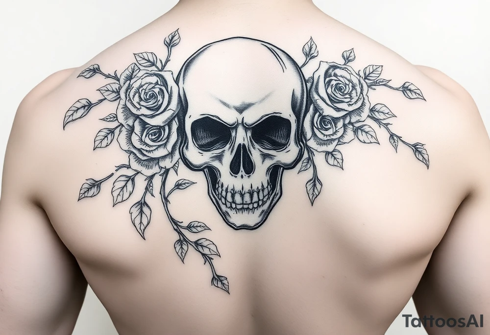 gothic skull intertwined with climbing roses and thorny vines tattoo idea