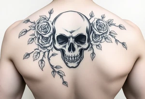 gothic skull intertwined with climbing roses and thorny vines tattoo idea
