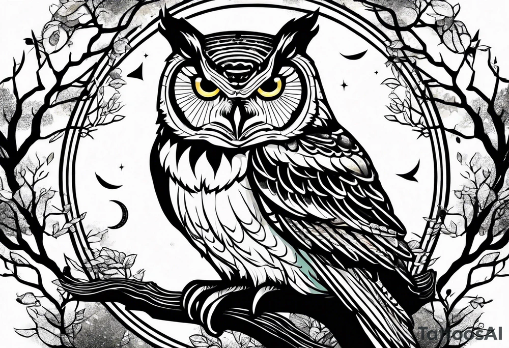 tiger owl underneath a full moon in a forest tattoo idea