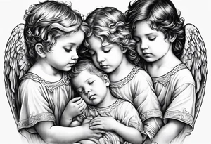 Six angels praying together. Three boy angels,  and three girl angel, with their wings gently unfolding a baby angel in a protective embrace tattoo idea