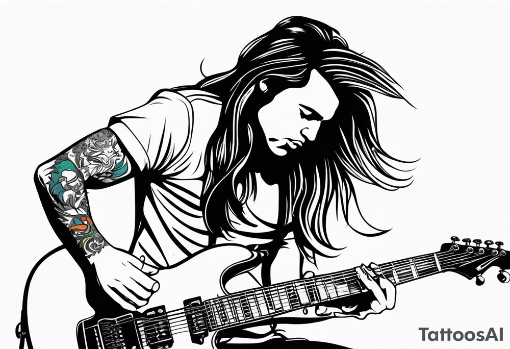 long hair rock star playing electric guitar tattoo idea