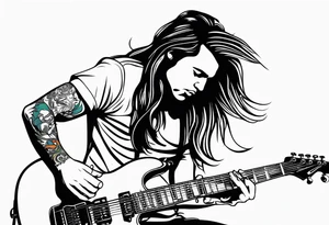 long hair rock star playing electric guitar tattoo idea