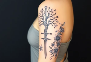 based on the Lord of the rings movies with the tree of Gondor, the Evenstar necklace, the sword Narsil, and flowers tattoo idea
