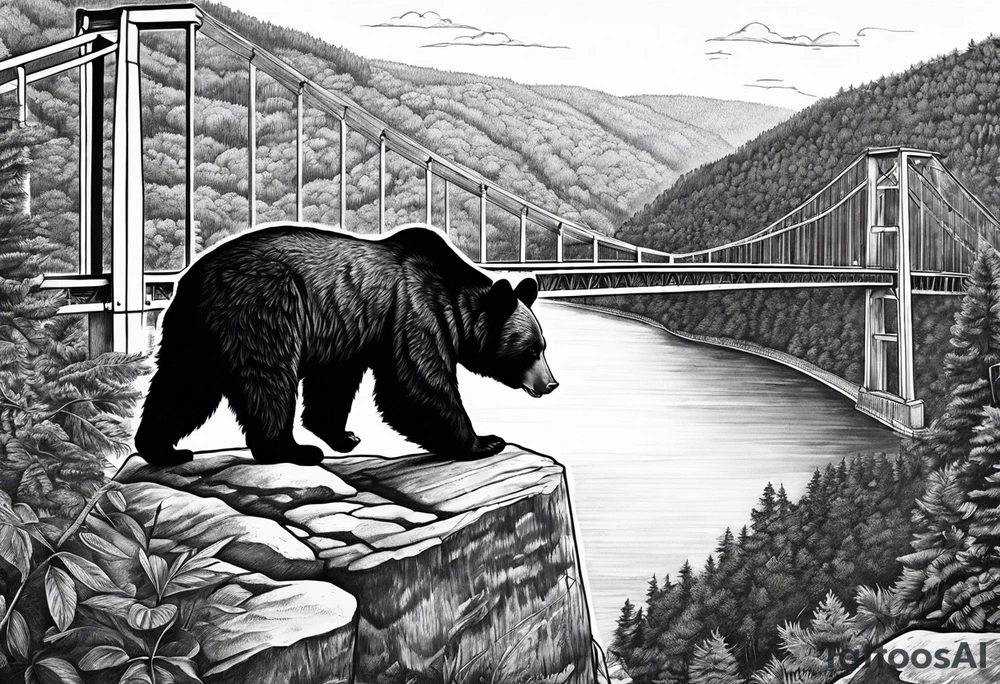 Large thigh tattoo, realism, black and white, black bear with the new river gorge bridge in the background tattoo idea