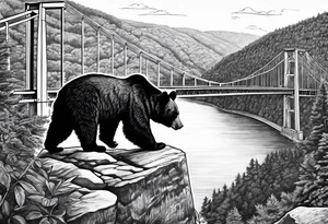 Large thigh tattoo, realism, black and white, black bear with the new river gorge bridge in the background tattoo idea