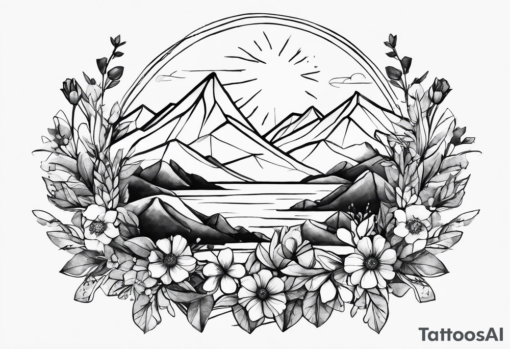 4-6in in length line - wildflower in watercolor represents overcoming challenges & strength - mountains, waves with a little sunshine tattoo idea