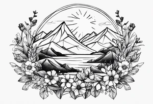 4-6in in length line - wildflower in watercolor represents overcoming challenges & strength - mountains, waves with a little sunshine tattoo idea