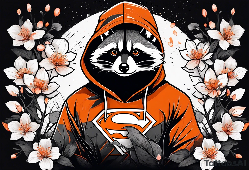 Raccoon wearing a white Superman logo on a black hoodie and orange Japanese cherry blossoms tattoo idea