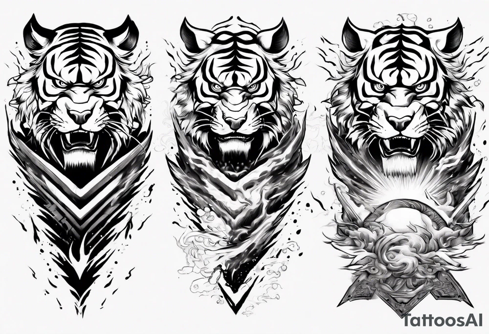 Tiger warrior with lightning and the sun for a forearm sleeve tattoo idea