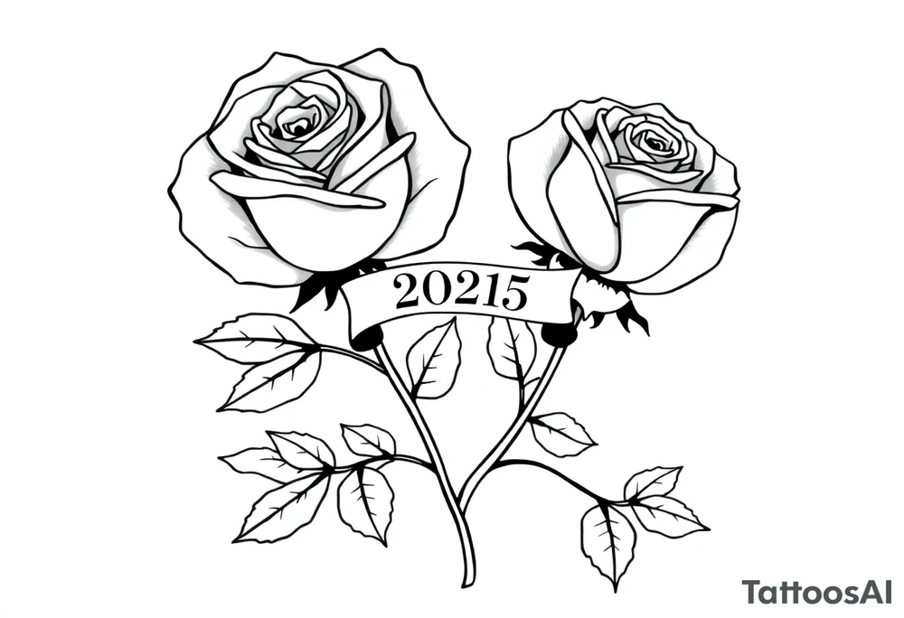 two beautiful large rose buds, one larger than the other, with many leaves next to the rose buds, with one sitting higher than the other. Include a banner connecting the two roses with the year "2025" on it.   Use dark outlines with little shading. The two stems should be short, not long, and connect and join into one stem, whimsically curved or twisted - not straight down. tattoo idea