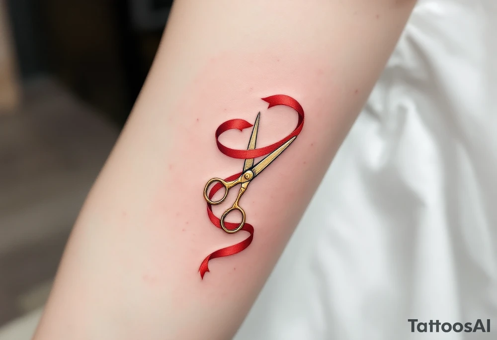 Scissors and Ribbon Tattoo – A pair of delicate golden scissors cutting through a curling red ribbon, with intricate details in red and gold, representing celebration, new beginnings, or achievements. tattoo idea