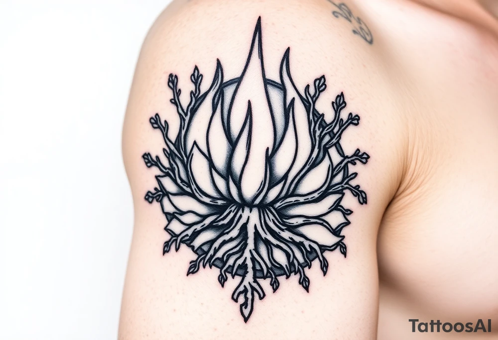 flame in a blooming roots circle tattoo idea