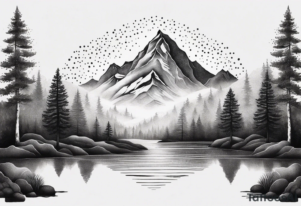 Design a symmetrical tattoo featuring a serene mountain landscape with a winding river and delicate trees, creating a balanced and harmonious composition tattoo idea