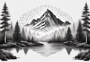 Design a symmetrical tattoo featuring a serene mountain landscape with a winding river and delicate trees, creating a balanced and harmonious composition tattoo idea