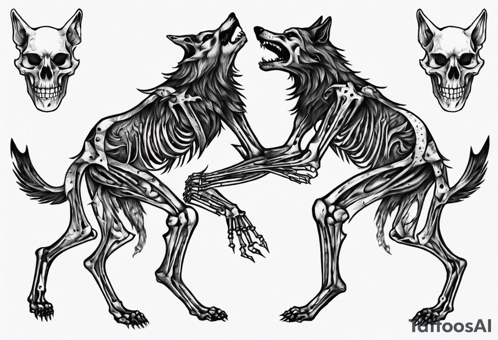 two wolf skeletons dancing tattoo idea