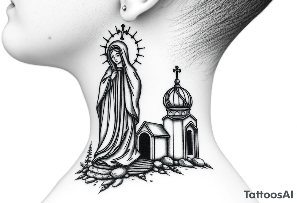 russian design traditional virgin mary stood beside the entrance of a russian orthodox dome church on the side of the neck in a wilderness setting with the design spread out the side of the neck tattoo idea