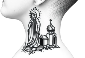russian design traditional virgin mary stood beside the entrance of a russian orthodox dome church on the side of the neck in a wilderness setting with the design spread out the side of the neck tattoo idea