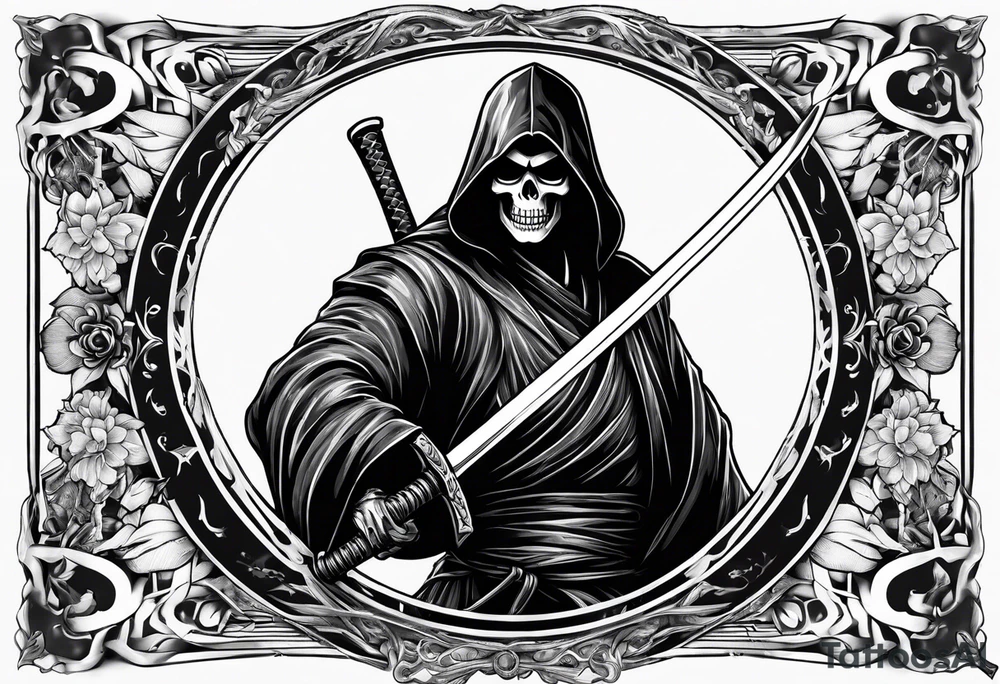 katana with grim reaper and skull tattoo idea