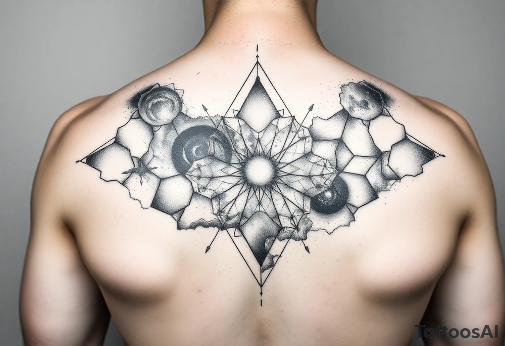 galaxy that covers the upper middle back and is geometric that also uses negative spaces to create a nebula tattoo idea