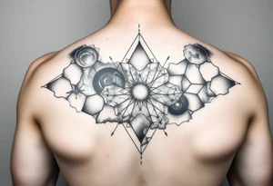 galaxy that covers the upper middle back and is geometric that also uses negative spaces to create a nebula tattoo idea