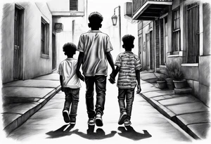 three black school age brothers walking away together down a street full bodies and you can see the side of one of their faces tattoo idea