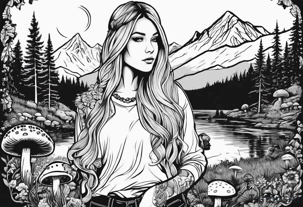 Whole picture encircled fully

Straight long blonde hair hippie girl in distance holding mushrooms in hand facing away toward mountains and creek surrounded by mushrooms long sleeve shirt and hiking pants; whole rendering within a full circle, no cut off circle tattoo idea