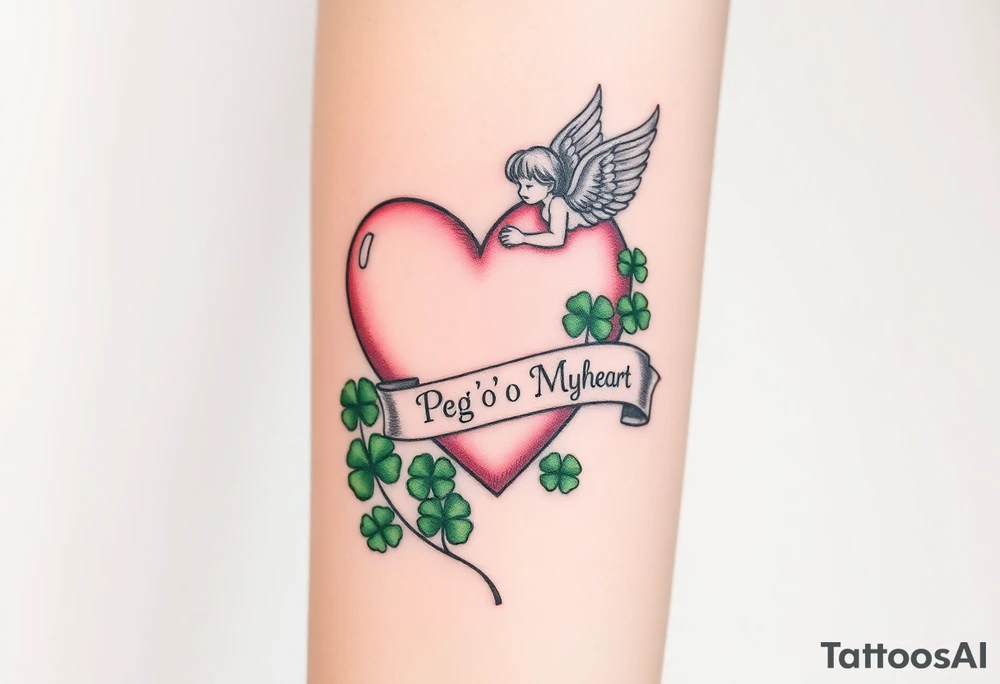 a big pale pink heart and an angel and a bunch of green shamrocks, with a banner across the heart that says Peg 'o My Heart tattoo idea