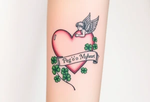 a big pale pink heart and an angel and a bunch of green shamrocks, with a banner across the heart that says Peg 'o My Heart tattoo idea