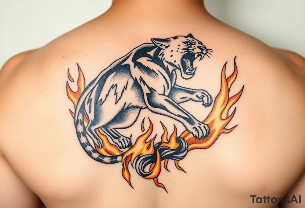 magnificent panther rising from golden flames with trailing embers tattoo idea