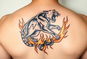 magnificent panther rising from golden flames with trailing embers tattoo idea