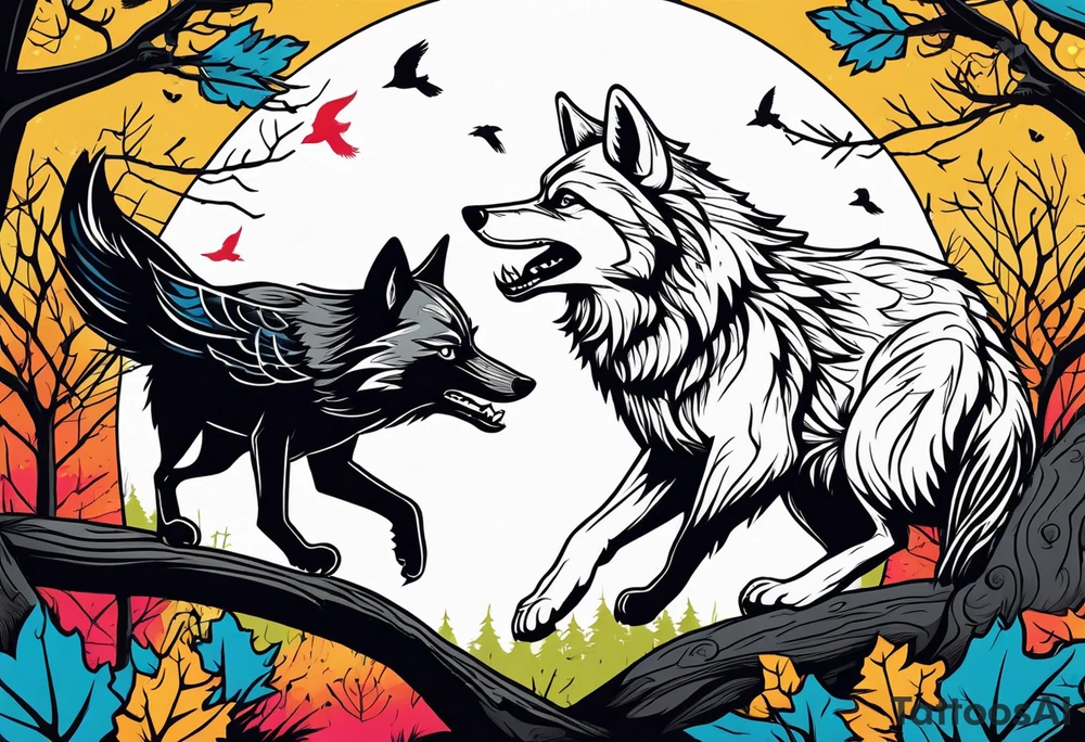 A Wolf and a raccoon are fighting
A crow ist watching them
Background Woods tattoo idea