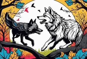 A Wolf and a raccoon are fighting
A crow ist watching them
Background Woods tattoo idea