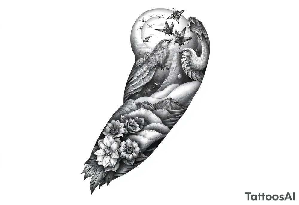 Create a scenic nature half sleeve for a man. Add lots of details including animals. tattoo idea