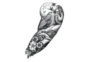 Create a scenic nature half sleeve for a man. Add lots of details including animals. tattoo idea