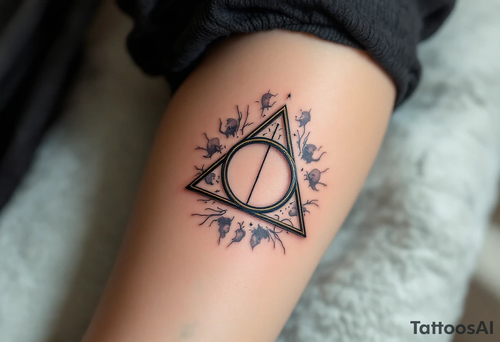 A detailed Deathly Hallows symbol (triangle, circle, and line) surrounded by faint outlines of faces in translucent gray. The ring has subtle green accents, signifying its connection to the world beyond. tattoo idea