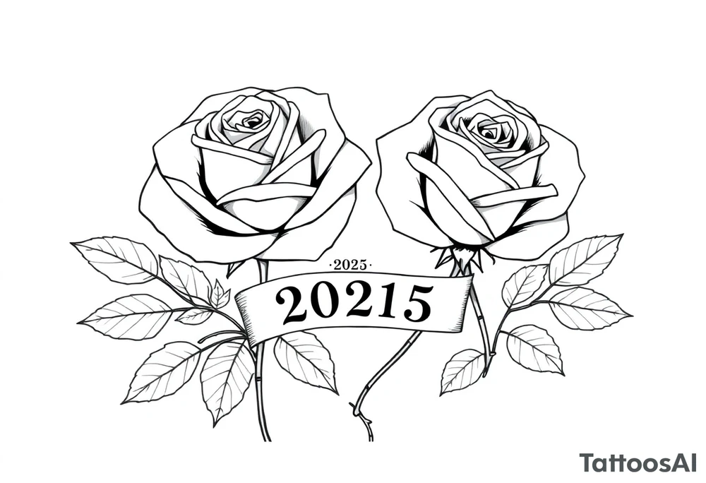 two beautiful large rose buds, one larger than the other, with many leaves next to the rose buds, with one sitting higher than the other. Include a banner connecting the two roses with the year "2025" on it.   Use dark outlines with little shading. The two stems should be short, not long, and connect and join into one stem, whimsically curved or twisted - not straight down. tattoo idea