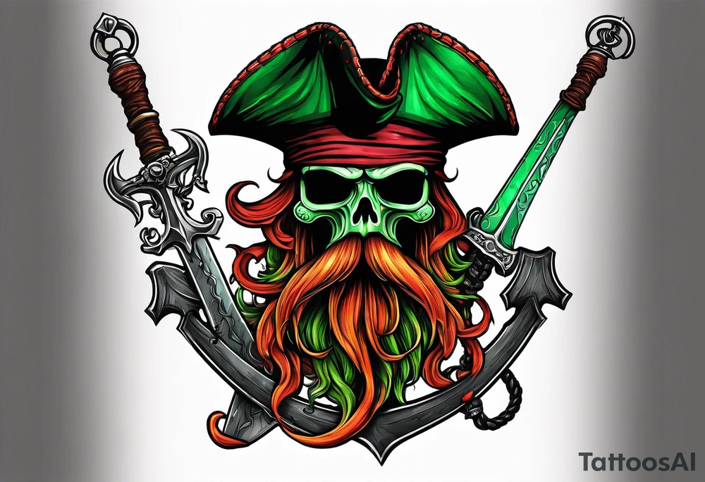 green pirate squid holding bloody sword and anchor, black hat, beard tattoo idea