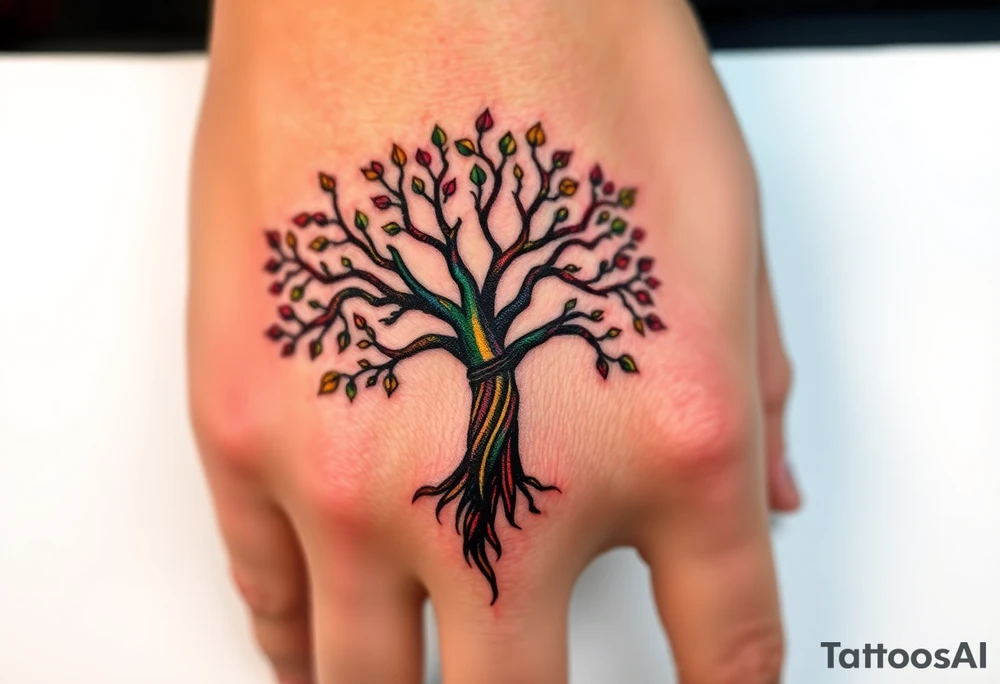 Vibrant tree of life Jamaican and Irish colours tattoo idea
