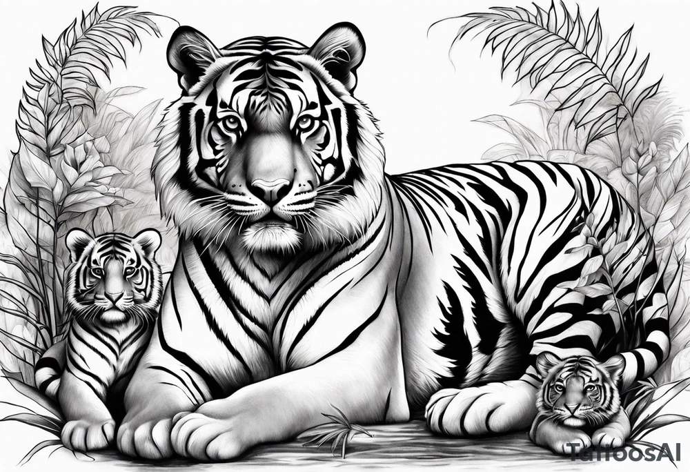 Calm strong tiger in the jungle, with his cubs tattoo idea