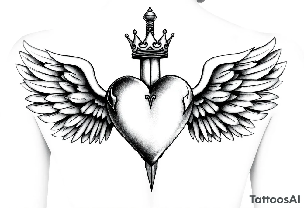 Sensual femenine, powerful 3d heart with the sword hilt on top an a crown on a top side, with two angel gothic wings spread. The wings must be separated, a apart from the heart. It will be located on the lower back. tattoo idea