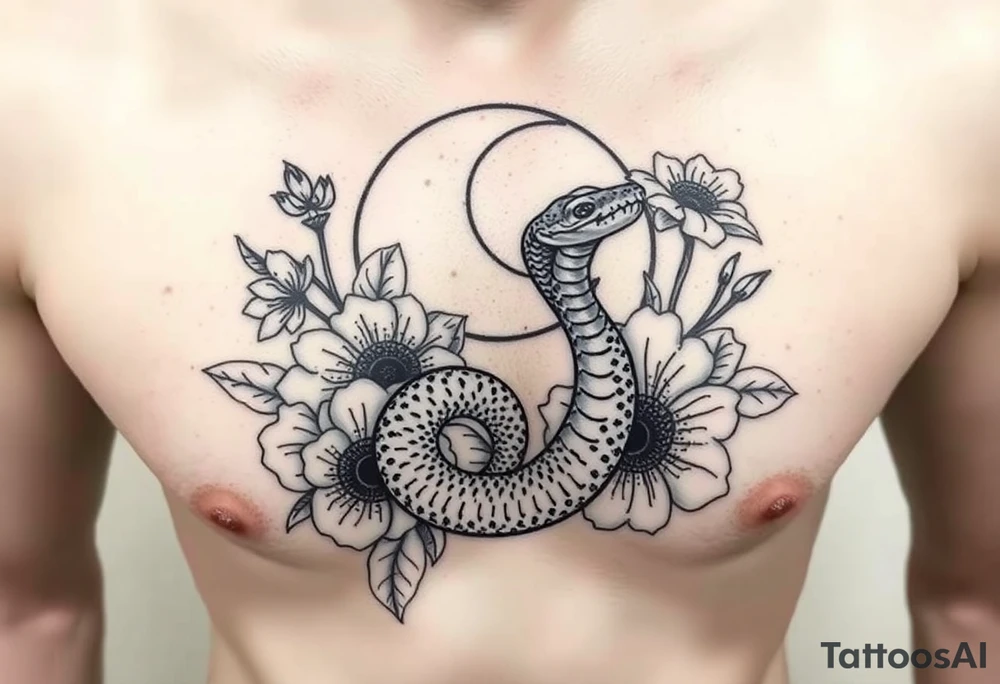 A snake slithering in different flowers with a quarter moon in the background tattoo idea