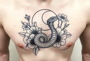 A snake slithering in different flowers with a quarter moon in the background tattoo idea