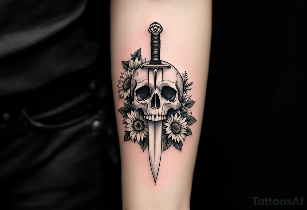 Skull, dagger piercing a heart with roses and sunflowers tattoo idea Skull, dagger piercing a heart with roses and sunflowers tattoo idea