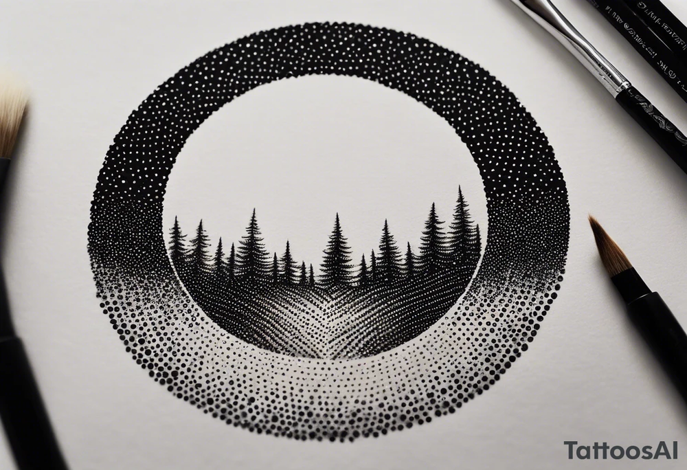 in the style of stick and poke, an open Ensō circle, without the "pointers", just the brush circle - half of it representing light, and the other half representing darkness tattoo idea