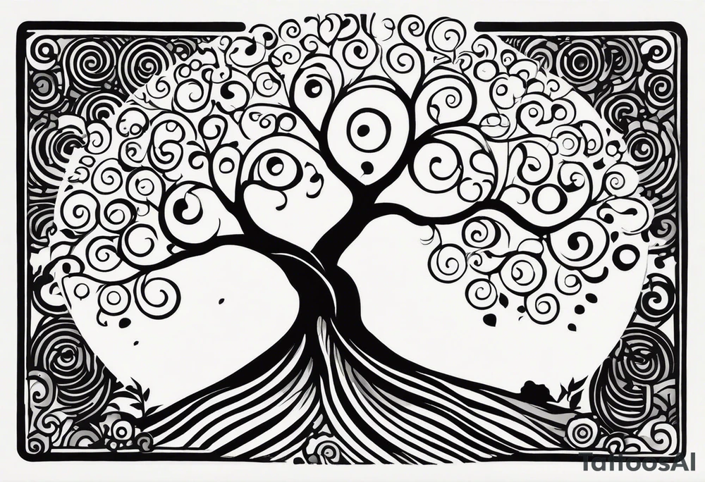 an abstract Tree of life tattoo design. Black and white. It should have roots growing out of the bottom. The roots slowly transform into water waves from the great wave by Hokusai. A golf ball should be placed discreetly. Like in the place of a moon. 2 license plate tags should be hanging from the tree. Place a few music notes. The letters A U should be engraved into the tree trunk in a heart tattoo idea