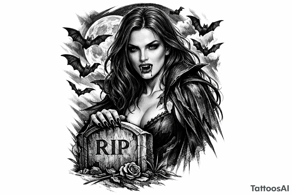 female vampire,bats,full moon,a gravestone. tattoo idea